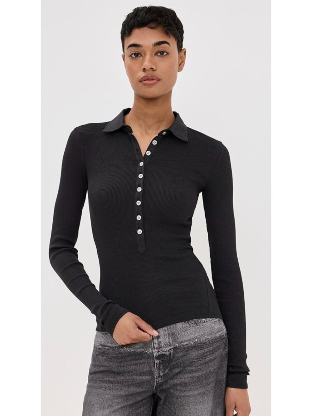 Rag & Bone size Small Essential Black Ribbed Long-Sleeve Button-Front Polo Top - Picture 1 of 5
